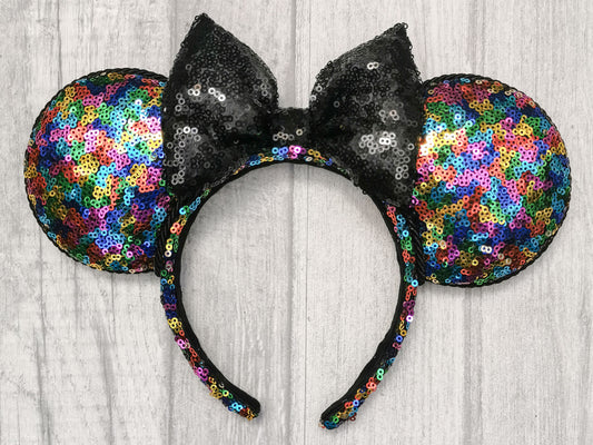 Rainbow multi coloured Sequin Minnie Mouse Ears