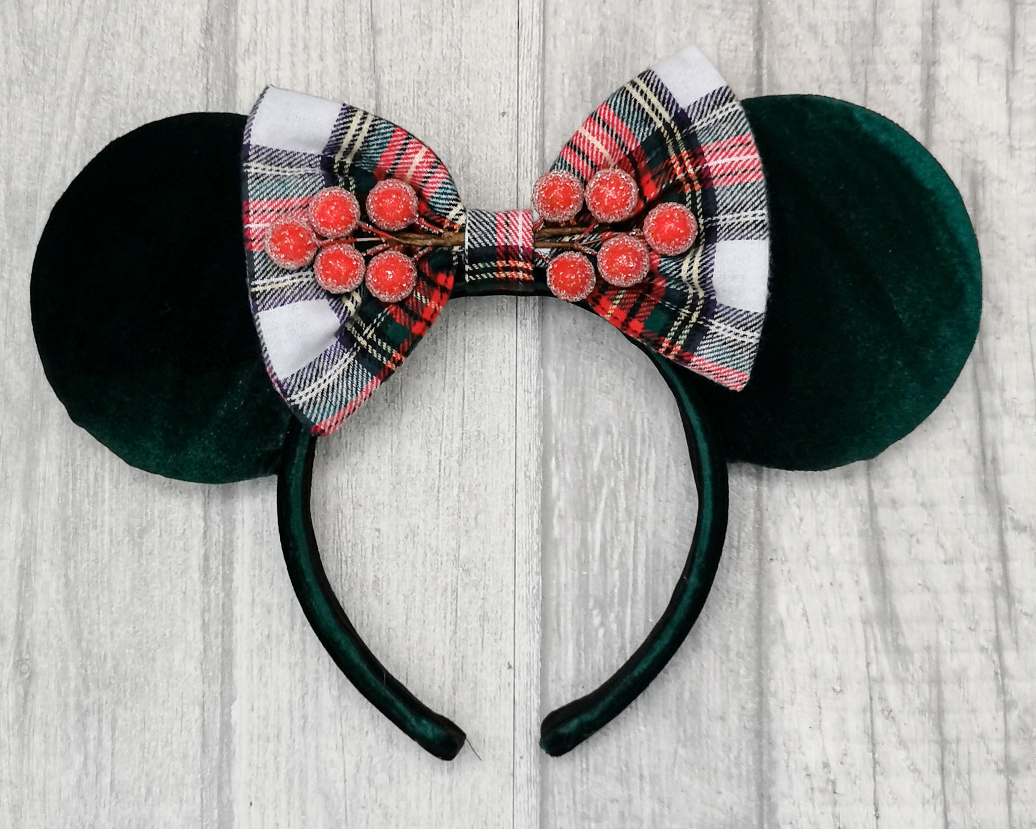 Green Velvet Christmas Winter Berry Minnie Mouse Ears