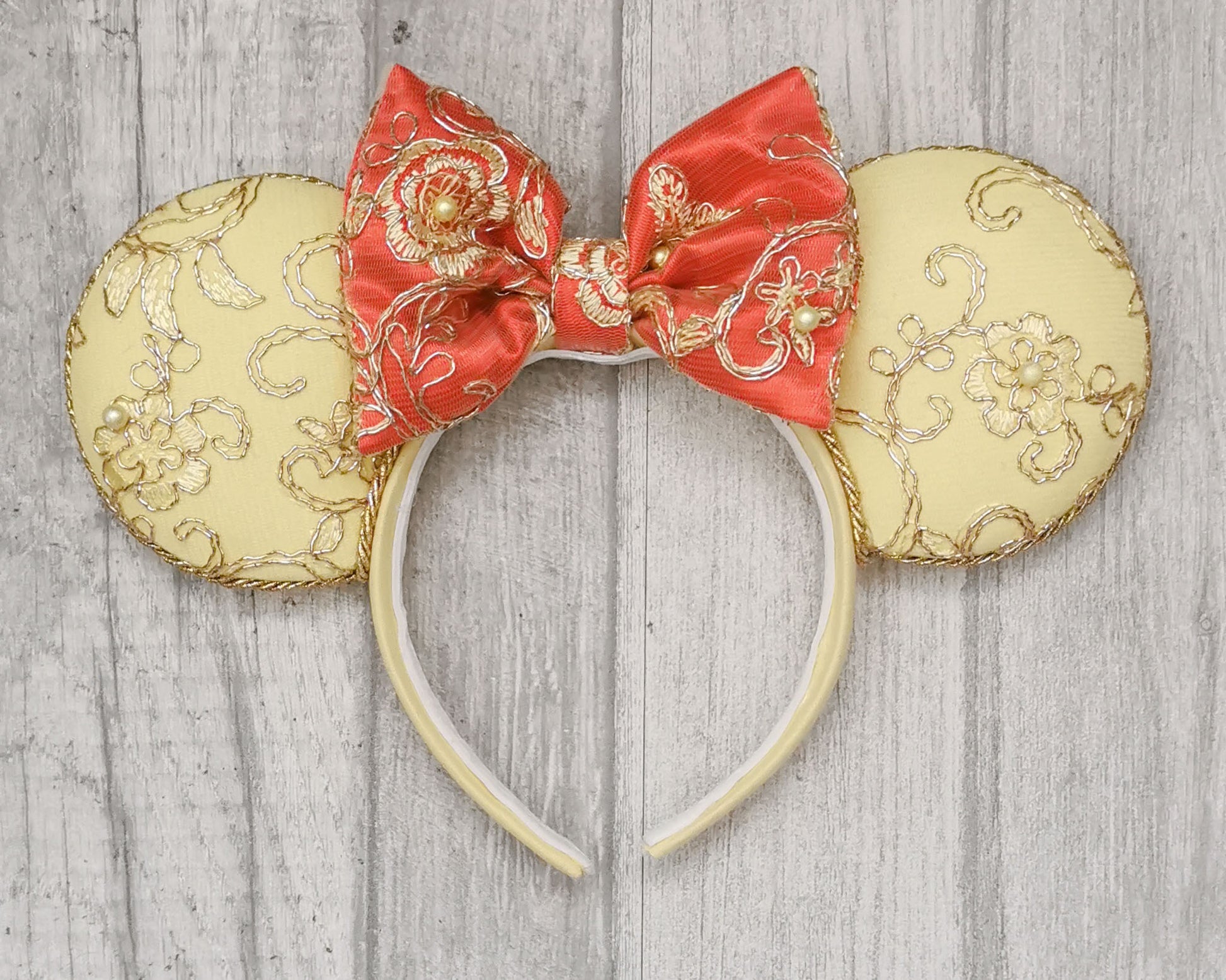 Enchanted Rose Lace Minnie Ears Belle Inspired Yellow Gold Red 