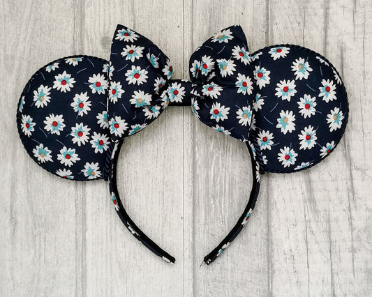 Daisy Floral Minnie Mouse Ears Navy and white flowers