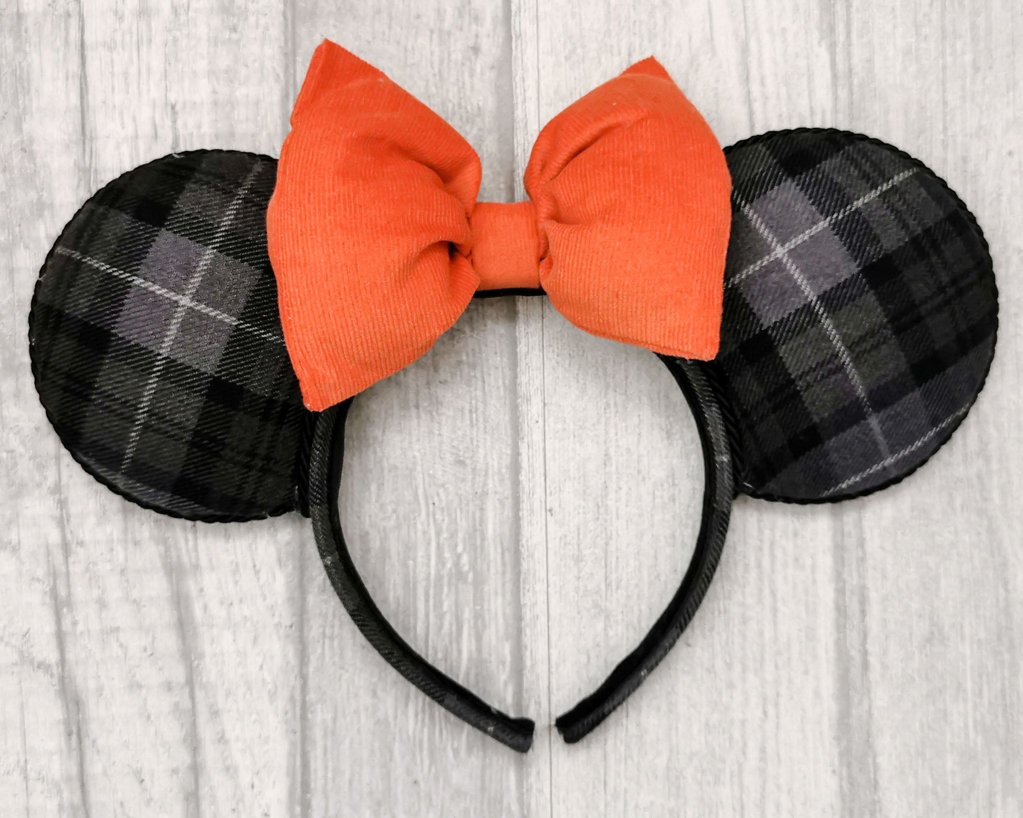 Dark Grey Plaid Minnie Mouse Ears Orange Bow Fall Autumn