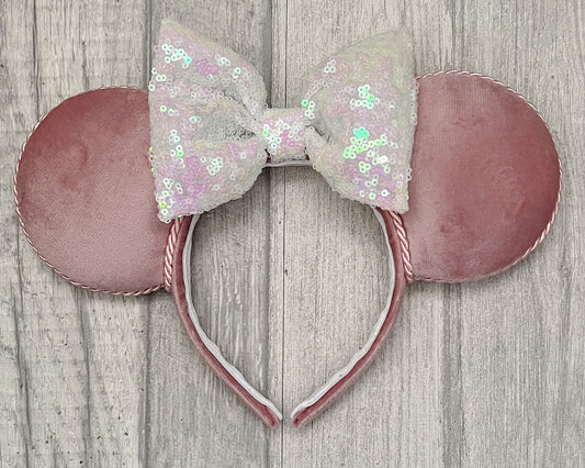 Dusky Pink Velvet Minnie Mouse Ears White Iridescent Bow